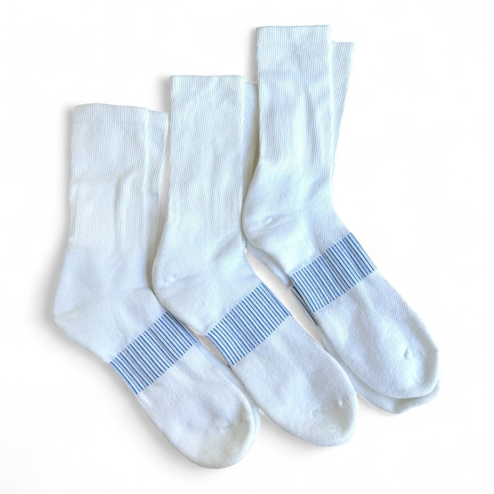 Mens White Athletic Crew Socks with Blue Striped Arch Compression 3 Pair Set L